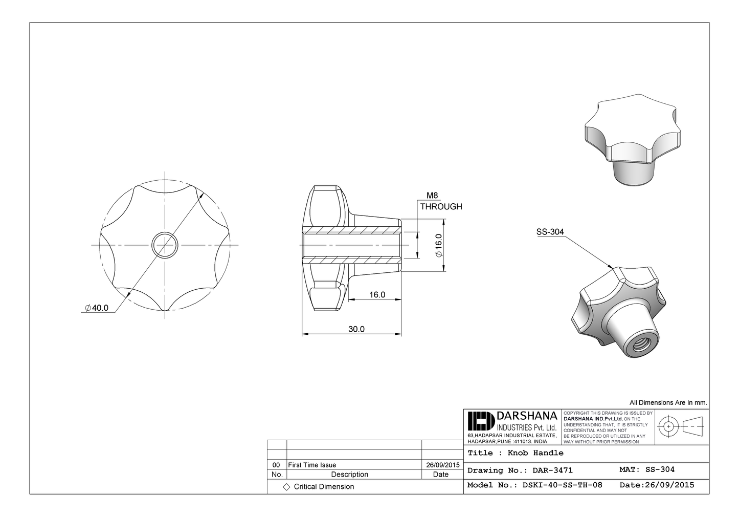 KNOB HANDLE DSKI-40-SS-TH-08